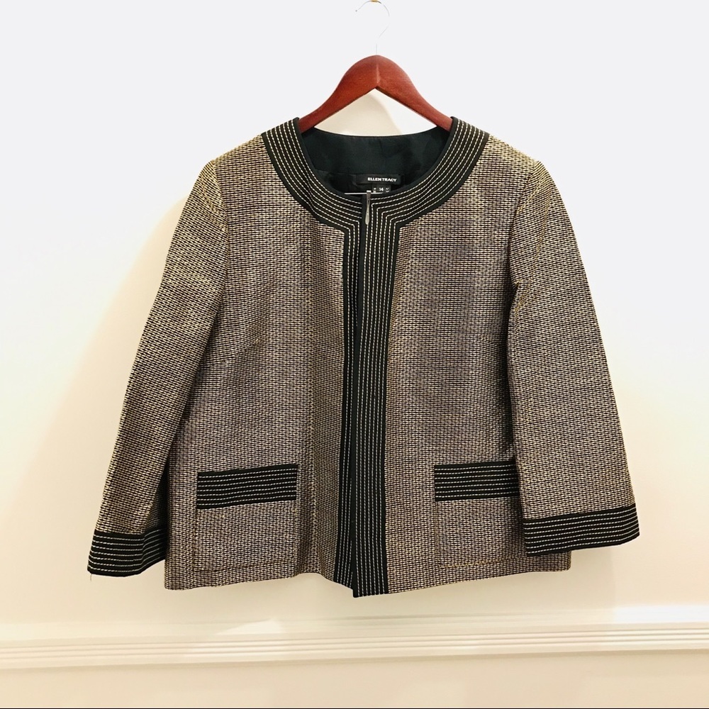 NWT Ellen Tracy Open Front Jacket black Gold 14